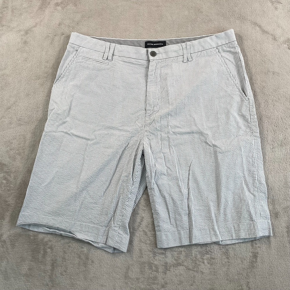 Club Monaco Shorts Men 38x11‎ Grey Seersucker Striped Pockets Drawcord Summer